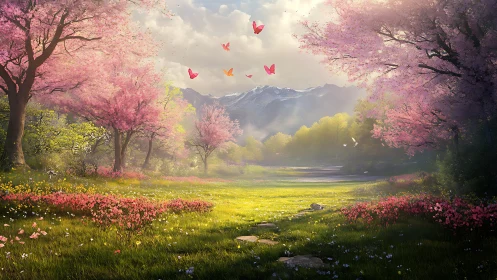 Butterflies drift above a sunlit spring meadow and cherry trees
