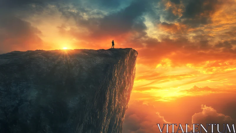 Solitary silhouette atop sunlit cliff at radiant sunrise.