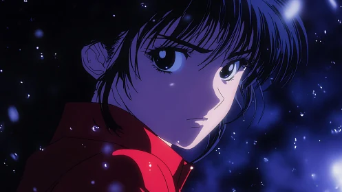 Anime heroine gazes through falling snow in deep blue night