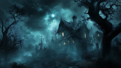 Moonlit haunted mansion wrapped in eerie glowing fog.