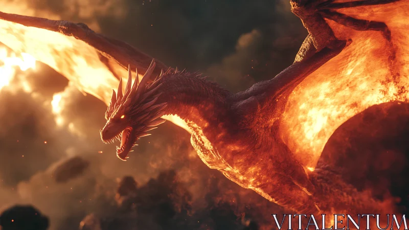 Fire dragon flies through burning sky with glowing wings