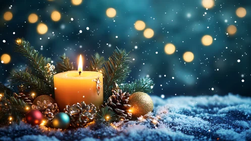 Luminous candle centerpiece amid snowy bokeh field at night.