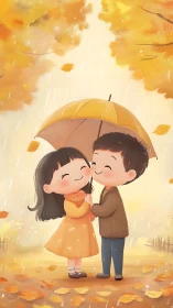 Autumn Rain Romance: Two Hearts Sheltered by Golden Light.