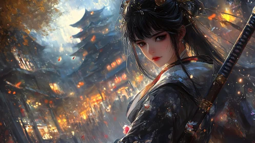 Samurai heroine in luminous rainy festival street scene.