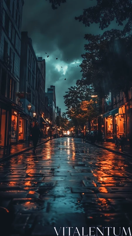 Moody city street glows against storm-darkened evening sky.