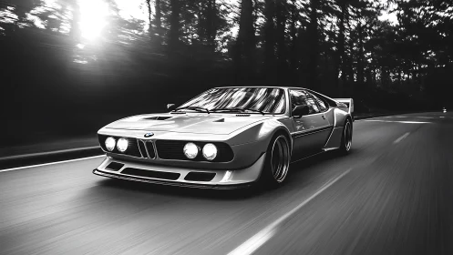 Monochrome BMW sports coupe under motion blur on forest road