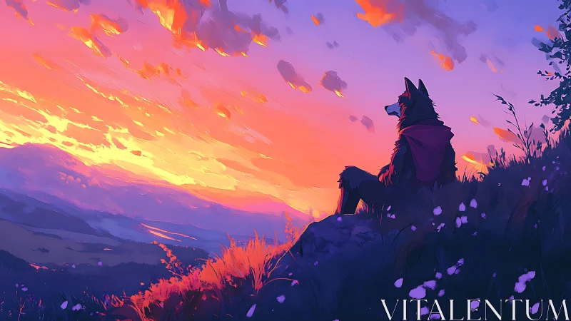 Wolf figure watches vivid sunset from quiet hillside.