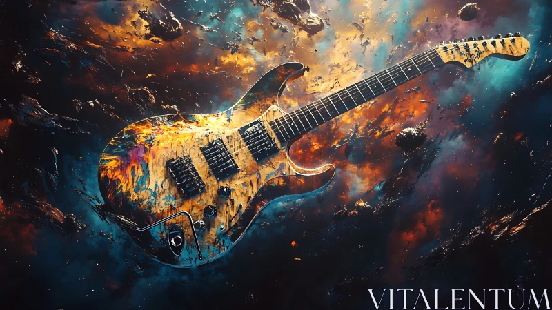 Electric guitar drifting in fiery cosmic nebula space.