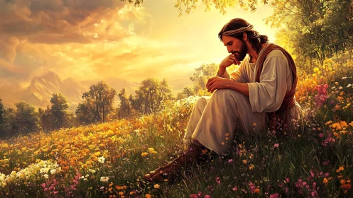 Contemplative robed figure in luminant alpine wildflower meadow.