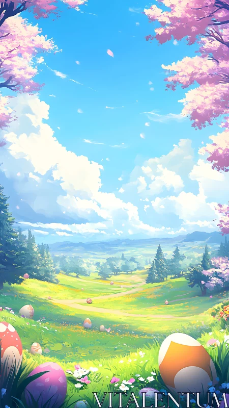 Joyful spring valley stretches under a bright blue sky