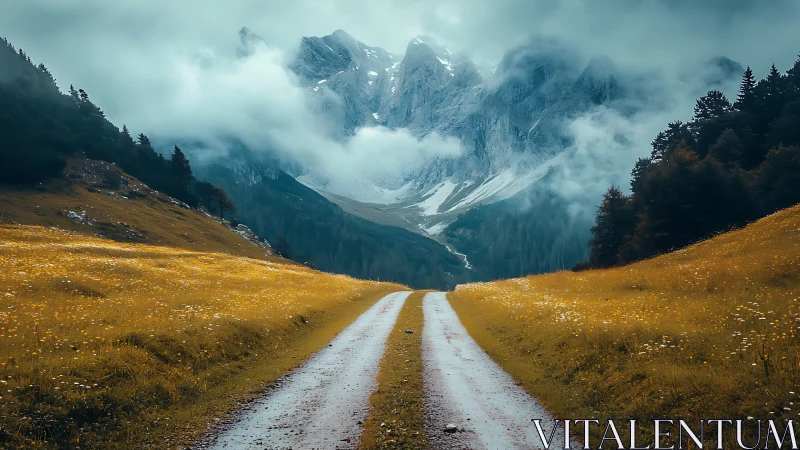 Misty mountain road cuts through golden alpine valley