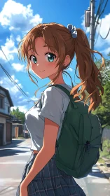 Smiling schoolgirl walks sunlit suburban street in summer