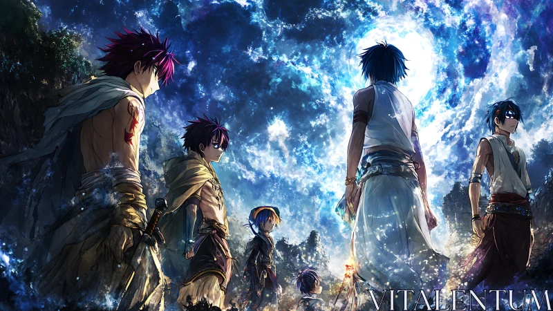 Moonlit band of young adventurers on a glittering path.