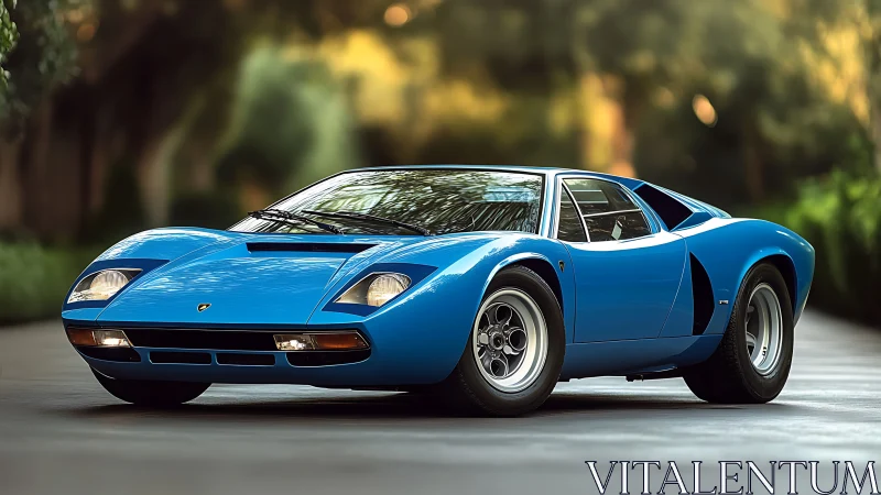 Blue classic sports coupe on outdoor paved roadway.