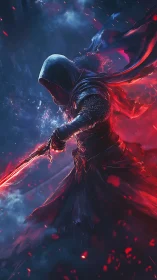 Hooded blade dancer strides through stormlit crimson night.