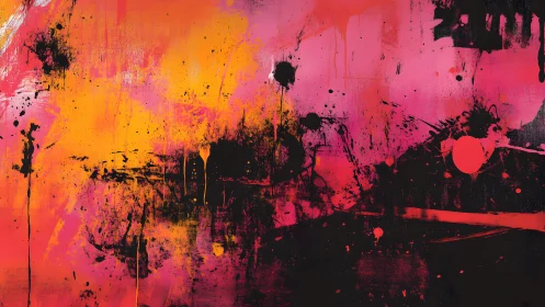 Vibrant Abstract Painting with Orange, Pink, and Black Splashes.