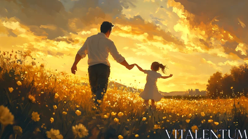 Golden Hour Dreamwalk: Father and Child Through Dandelion Bliss.