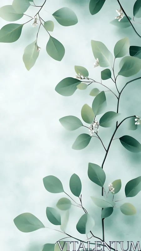 Soft green branches drift gently across a tranquil sky