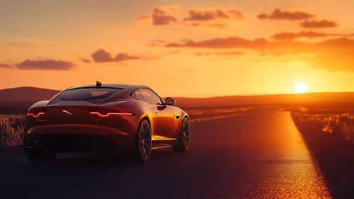 Rear three-quarter sports coupe on desert highway at sunset