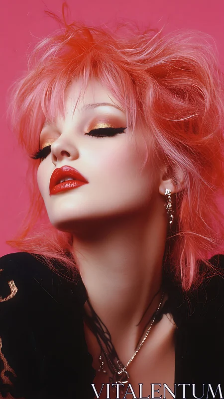 Close portrait of model with pink hair and bold makeup.