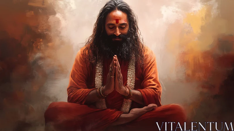 Seated robed figure in meditation with folded hands gesture.