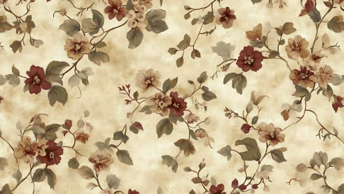 Vintage floral vines drift across weathered cream background.