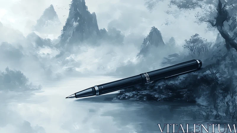 Technical rollerball pen floating over misty ink mountainscape