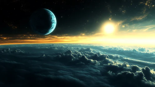 Digital painting of alien sunrise above clouded exoplanet horizon.