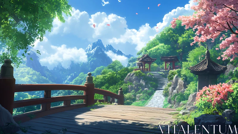 Peaceful mountain bridge leading to sunny blossom temples.