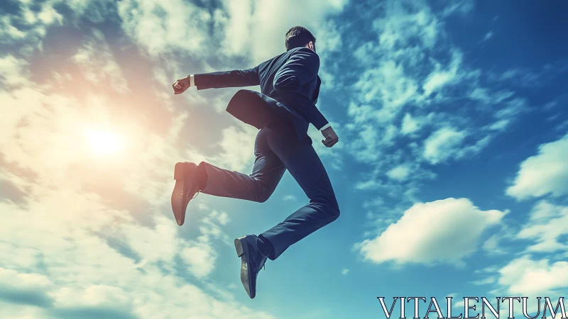Businessman Leaping Against Sky with Dynamic Cloud Backdrop