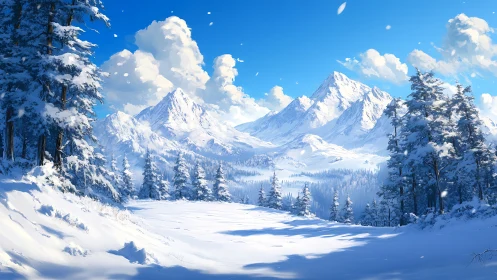 Snow covered mountain valley framed by dense pine forest