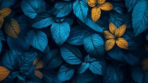 Blue foliage contrasts sharply with glowing golden leaves.