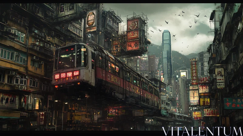 Elevated cyberpunk tram cuts through dense neon megacity grid