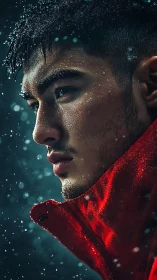 Close-up side profile of man in red jacket under rain.