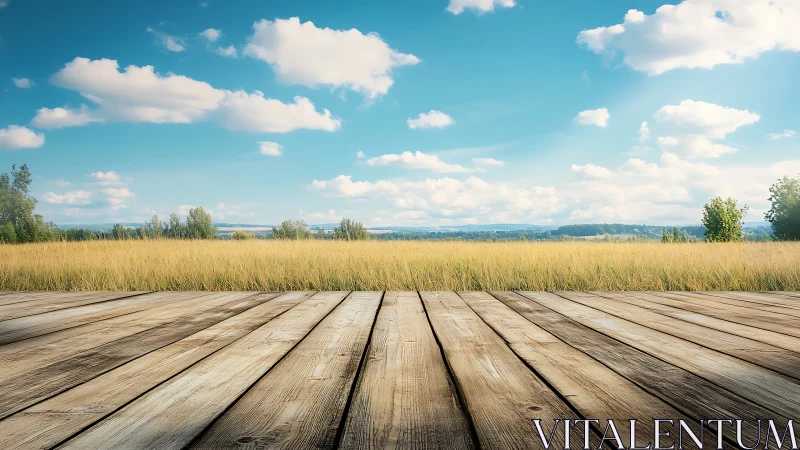 Wooden deck facing open field under bright blue sky.