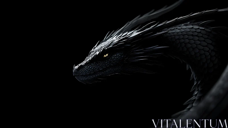 Sleek black dragon coils in shadow with a piercing golden gaze