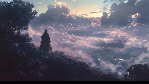 Cloaked dreamer surveying a violet ocean of wandering clouds.