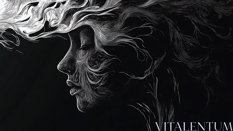 Whispering lines sketch a serene face drifting into darkness