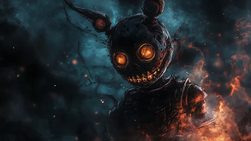 Burning mechanical rabbit fiend amid infernal blue haze.