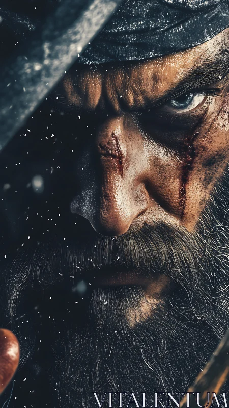 Close cropped portrait of bearded warrior in snowfall.