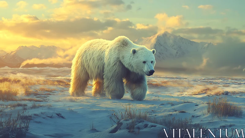 Solitary polar bear crossing sunlit arctic tundra at dawn