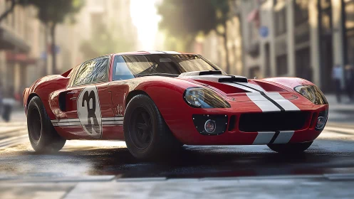 Red vintage race car with white stripes on city street.