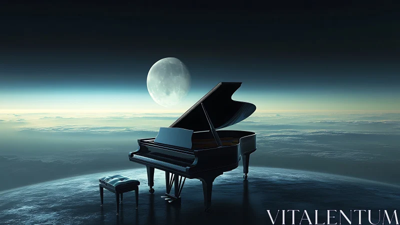 Moonlit grand piano on surreal cloud horizon at night.