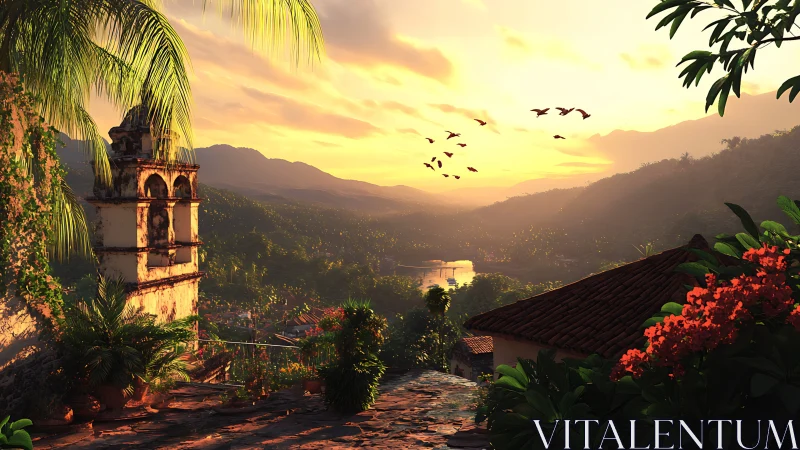 Sunlit mountain village terrace glows in golden dusk light.