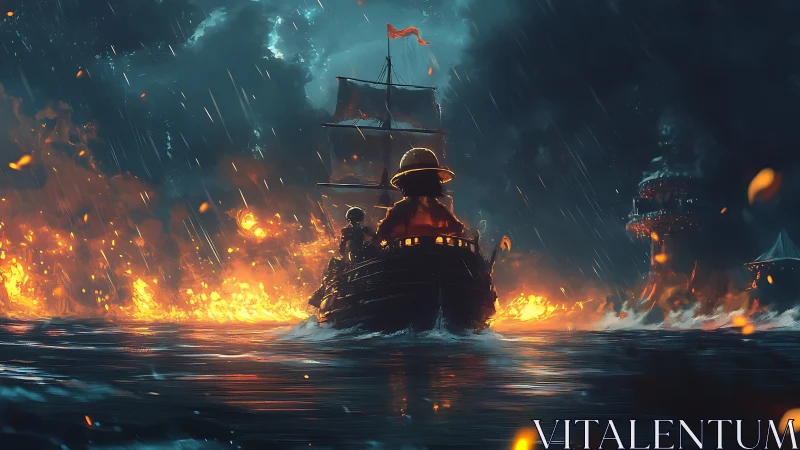 Straw hat captain aboard burning ship in stormy sea.