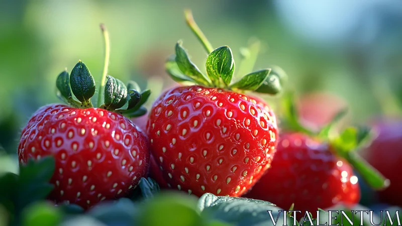 Ripe garden strawberries glisten under soft morning sunlight