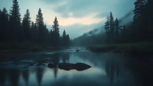 River hushes the forest awake beneath mist-blue dawn