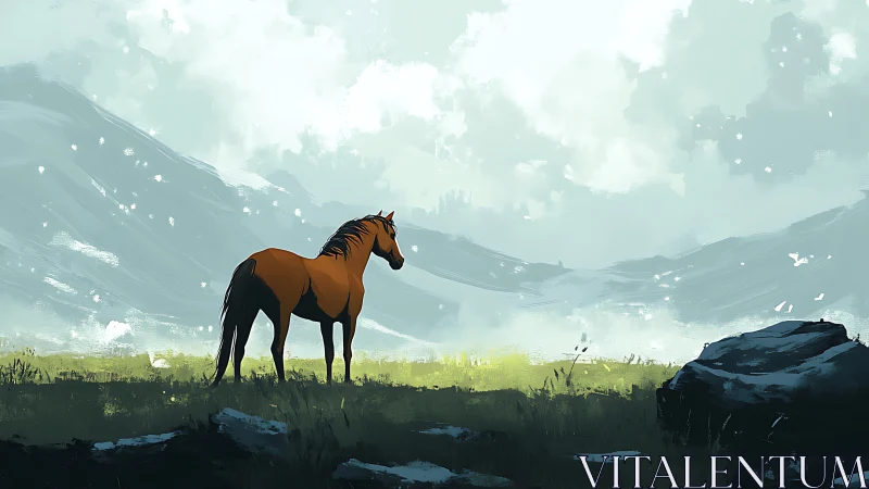 Solitary chestnut horse in misty mountain meadow panorama.