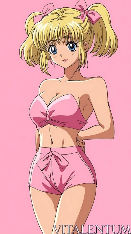 Cheerful anime girl poses confidently in soft pink tones