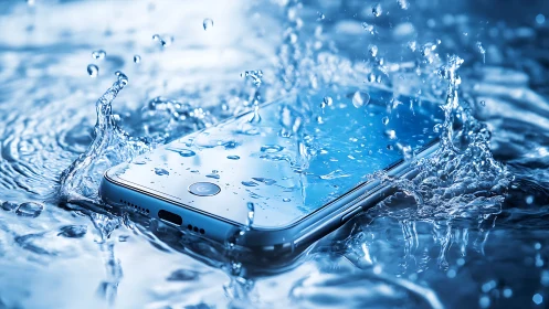 Waterproof smartphone resists dynamic splash impact in blue pool